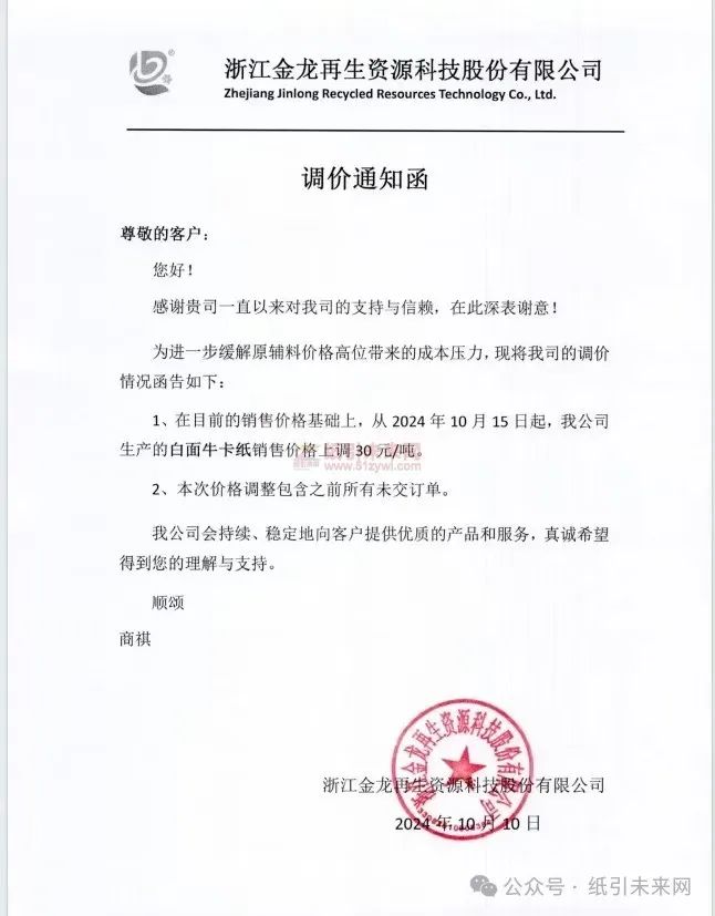 浙江金龍再生資源科技股份有限公司:為進一步緩解原輔料價格高位帶來的成本壓力,現將我司的調價情況函告如下:在目前的銷售價格基礎上,從2024年10月15日起,我公司生產的再生牛卡紙/高強瓦楞紙銷售價格上調30元/噸。