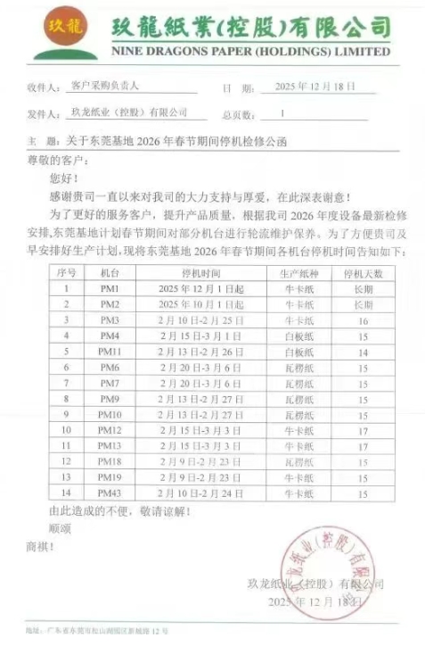 玖龍四大基地、四川金田紙業(yè)更新停機計劃