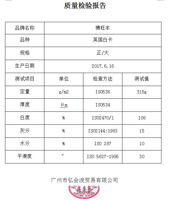 質(zhì)檢報(bào)告  英國(guó)白卡 315g