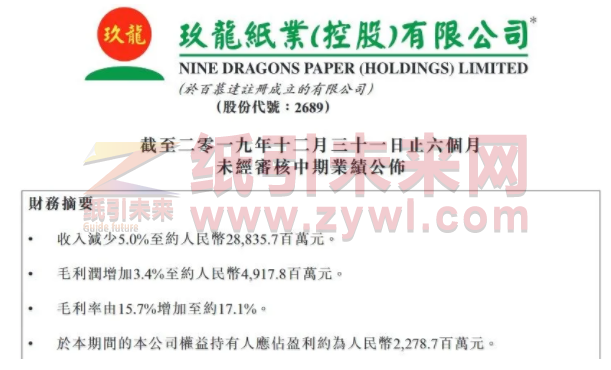 截圖來自玖龍紙業半年報